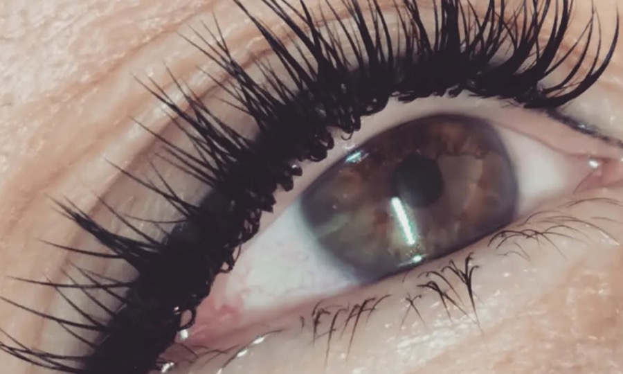 Œil brun aux cils allongés vers l'extérieur après une pose complète d'extensions cil à cil